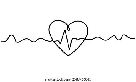 Continuous line drawing of heart with heartbeat. Pulse trace. Cardiogram icon, Heartbeat cardiogram healthcare concept., One line heartbeat graph Vector illustration single sketch outline.