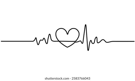 Continuous line drawing of heart with heartbeat. Pulse trace. Cardiogram icon, Heartbeat cardiogram healthcare concept., One line heartbeat graph Vector illustration single sketch outline.