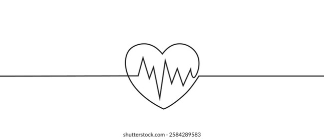 Continuous line drawing of heart with heartbeat. Pulse curve. One line drawing. Single line art. Vector illustration.