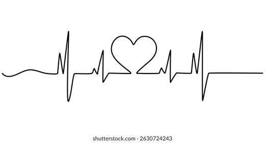 Continuous line drawing of heart with heartbeat. Pulse trace. Cardiogram icon. One line drawing. Single line art. Vector illustration, Heartbeat Continuous Line Icon.