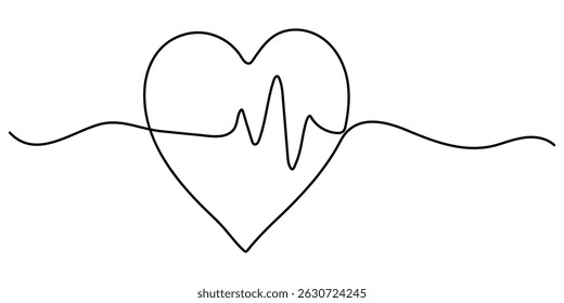  Continuous line drawing of heart with heartbeat. Pulse trace. Cardiogram icon. One line drawing. Single line art. Vector illustration, Heartbeat Continuous Line Icon.