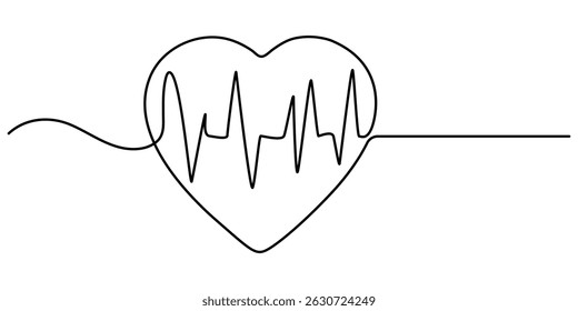  Continuous line drawing of heart with heartbeat. Pulse trace. Cardiogram icon. One line drawing. Single line art. Vector illustration, Heartbeat Continuous Line Icon.