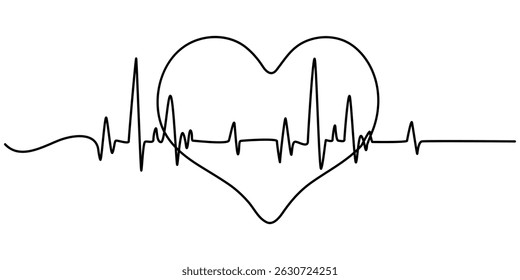  Continuous line drawing of heart with heartbeat. Pulse trace. Cardiogram icon. One line drawing. Single line art. Vector illustration, Heartbeat Continuous Line Icon.