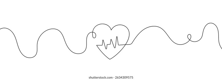  Continuous line drawing of heart with heartbeat. Pulse trace. Cardiogram icon. One line drawing. Single line art. Vector illustration.