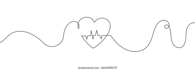  Continuous line drawing of heart with heartbeat. Pulse trace. Cardiogram icon. One line drawing. Single line art. Vector illustration.
