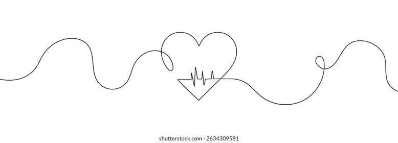  Continuous line drawing of heart with heartbeat. Pulse trace. Cardiogram icon. One line drawing. Single line art. Vector illustration.