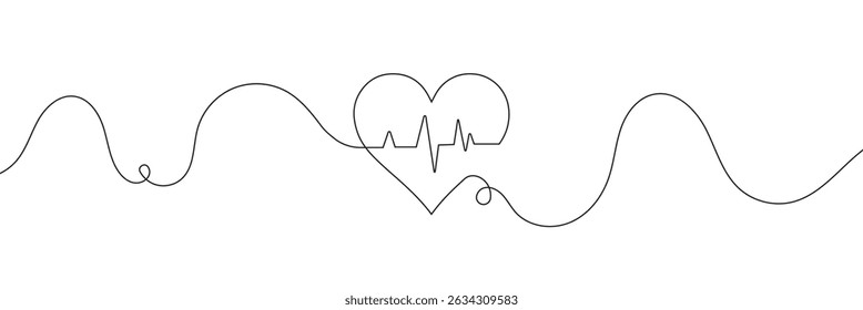  Continuous line drawing of heart with heartbeat. Pulse trace. Cardiogram icon. One line drawing. Single line art. Vector illustration.