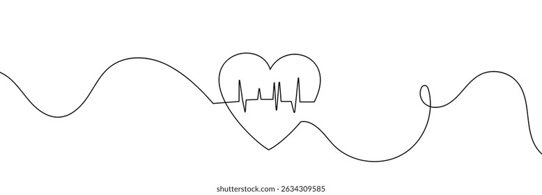  Continuous line drawing of heart with heartbeat. Pulse trace. Cardiogram icon. One line drawing. Single line art. Vector illustration.