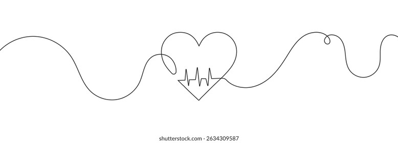  Continuous line drawing of heart with heartbeat. Pulse trace. Cardiogram icon. One line drawing. Single line art. Vector illustration.