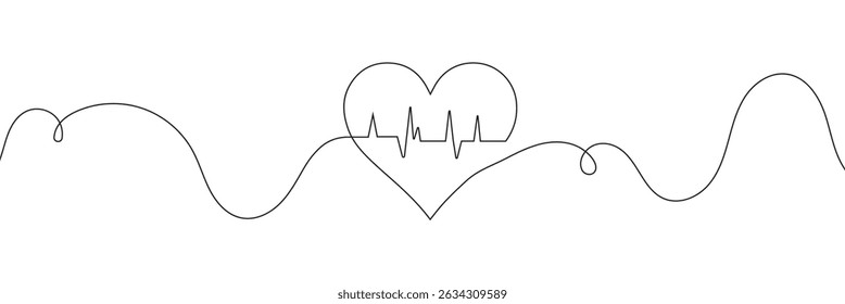  Continuous line drawing of heart with heartbeat. Pulse trace. Cardiogram icon. One line drawing. Single line art. Vector illustration.