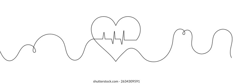  Continuous line drawing of heart with heartbeat. Pulse trace. Cardiogram icon. One line drawing. Single line art. Vector illustration.