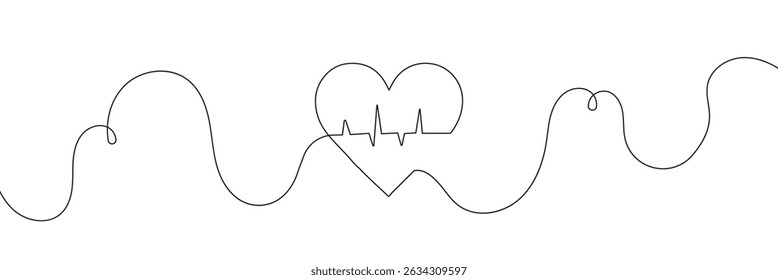  Continuous line drawing of heart with heartbeat. Pulse trace. Cardiogram icon. One line drawing. Single line art. Vector illustration.
