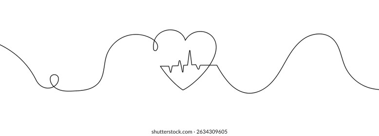  Continuous line drawing of heart with heartbeat. Pulse trace. Cardiogram icon. One line drawing. Single line art. Vector illustration.