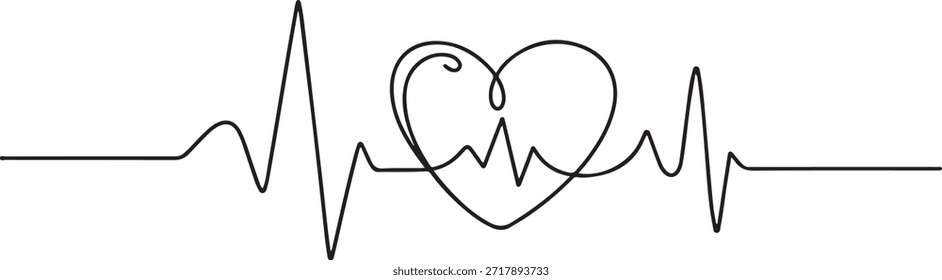 Desenho de linha contínua do coração com batimento cardíaco. Rastreio de pulso. Ícone do cardiograma. Desenho de uma linha. Arte com uma linha. Desenho de ícone com uma linha
