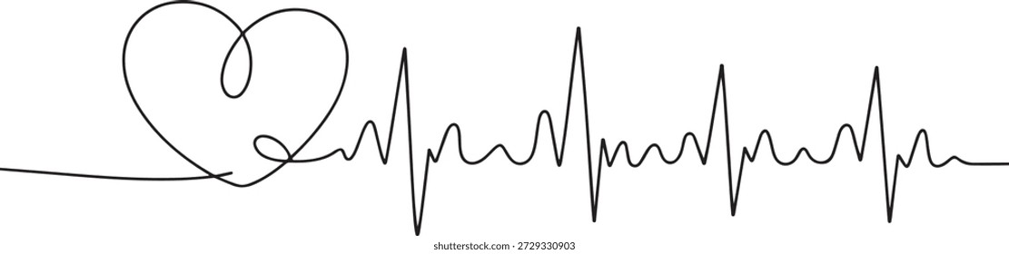 Kontinuierliche Linie Zeichnung des Herzens mit Herzschlag. Impulsspur. Kardiogramm-Symbol. einzeilige Symbolzeichnung
