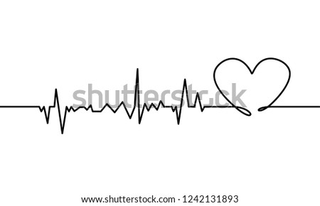 Continuous line drawing of heart with heartbeat on Black and white background.