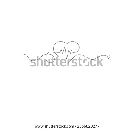 Continuous line drawing of heart with heartbeat. Pulse trace. Cardiogram icon. One line drawing. Vector illustration.