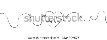  Continuous line drawing of heart with heartbeat. Pulse trace. Cardiogram icon. One line drawing. Single line art. Vector illustration.
