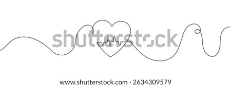  Continuous line drawing of heart with heartbeat. Pulse trace. Cardiogram icon. One line drawing. Single line art. Vector illustration.