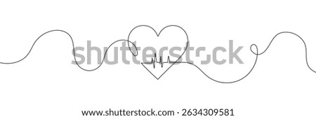  Continuous line drawing of heart with heartbeat. Pulse trace. Cardiogram icon. One line drawing. Single line art. Vector illustration.