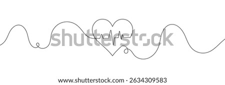  Continuous line drawing of heart with heartbeat. Pulse trace. Cardiogram icon. One line drawing. Single line art. Vector illustration.