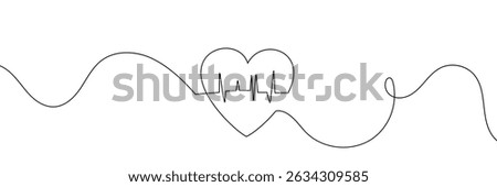  Continuous line drawing of heart with heartbeat. Pulse trace. Cardiogram icon. One line drawing. Single line art. Vector illustration.
