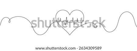  Continuous line drawing of heart with heartbeat. Pulse trace. Cardiogram icon. One line drawing. Single line art. Vector illustration.