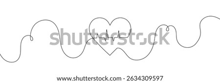  Continuous line drawing of heart with heartbeat. Pulse trace. Cardiogram icon. One line drawing. Single line art. Vector illustration.