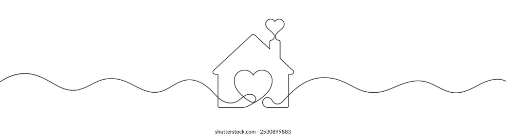 Continuous line drawing of heart and house. Love home symbol. I love my home. One line drawing. Single line art. Vector illustration.