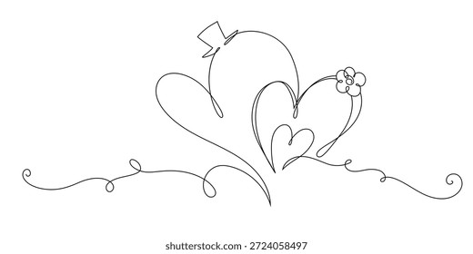 Continuous Line Drawing Heart Icons Family Concept. Hand drawn minimal heart line art design. Abstract doodle romantic love concept for valentine card, wedding invitation, web banner and print. Vector
