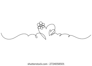 Línea continua que dibuja los iconos del corazón con la flor. Diseño de arte de línea de corazón minimalista dibujado a mano. Abstractas concepto de amor romántico doodle para tarjeta de San Valentín, invitación de boda, Anuncio de Web e impresión. Vector