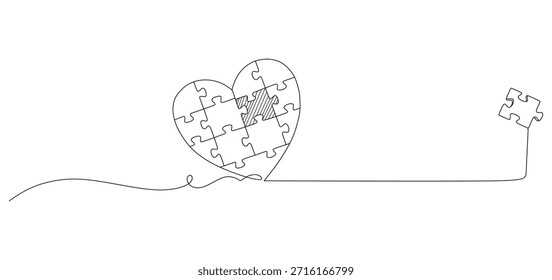 Dibujo de línea continua del rompecabezas del corazón con la pieza faltante