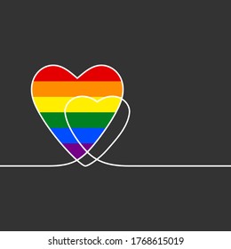 Continuous line drawing of heart with LGBT gay pride flag color, Vector illustration