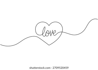 Dibujo continuo de la línea del corazón con la obra de arte de la caligrafía de la palabra del 'amor' aislada