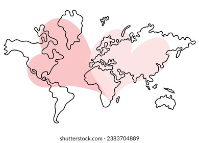 Continuous line drawing of heart on world map background, black and white vector minimalist illustration of love, peace, kindness concept. Doodle.