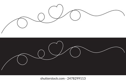 Continuous line drawing of heart. One line drawing  isolated on white and black background. Vector illustration. Single line love symbol. EPS 10