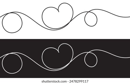 Continuous line drawing of heart. One line drawing  isolated on white and black background. Vector illustration. Single line love symbol. EPS 10