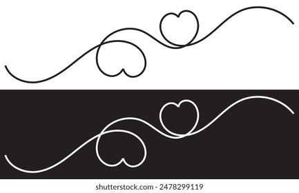 Continuous line drawing of heart. One line drawing  isolated on white and black background. Vector illustration. Single line love symbol. EPS 10