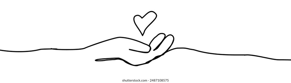 Continuous line drawing. Heart in palms flat vector icon. Human flat vector icon illustration