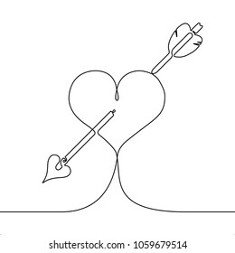 Continuous line drawing heart pierced by an arrow, single line love concept, valentines day minimalist vector illustration