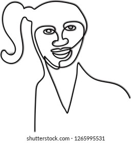 Continuous line drawing of heart shape face of a woman is is beautifully express a smile with a pony tail hair on the side.  