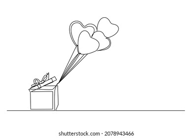 Continuous Line Drawing Of Heart Shape Air Balloon Pop Up From The Box. Single One Line Art Of Love Gift For Valentine Day. Vector Illustration