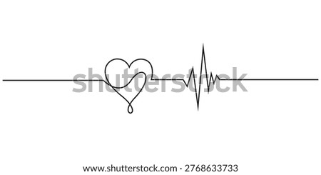 Continuous Line Drawing of Heart Shape with Pulse, One Line Art Illustration of Heartbeat Rhythm on White Background, One Line Vector Drawing of Heart Rate Pulse for Health and Cardiology, Minimalist Heartbeat Silhouette in Single Line Style