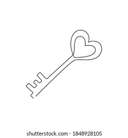 Continuous line drawing  Heart shaped key  Love concept  Black isolated white background  Hand drawn vector illustration  