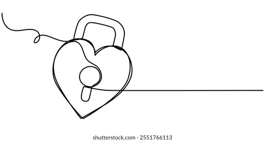 Continuous line drawing heart shaped lock. Love concept. Vector illustration, Continuous one line drawing of padlockwith key hole. Padlock shapped love line art vector illustration, Heart lock, One.