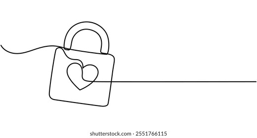 Continuous line drawing heart shaped lock. Love concept. Vector illustration, Continuous one line drawing of padlockwith key hole. Padlock shapped love line art vector illustration, Heart lock, One.