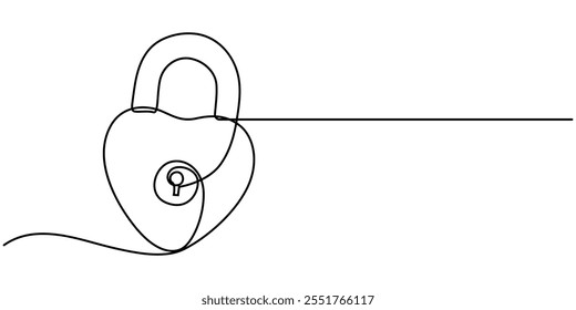 Continuous line drawing heart shaped lock. Love concept. Vector illustration, Continuous one line drawing of padlockwith key hole. Padlock shapped love line art vector illustration, Heart lock, One.