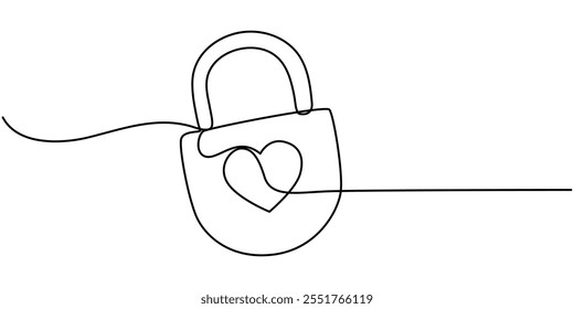 Linha contínua que desenha a fechadura em forma de coração. Conceito de amor. Ilustração vetorial, desenho contínuo de uma linha de cadeado com furo de chave. Padlock em forma de linha de amor ilustração vetorial, Heart lock, One.