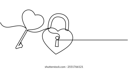 Continuous line drawing heart shaped lock. Love concept. Vector illustration, Continuous one line drawing of padlockwith key hole. Padlock shapped love line art vector illustration, Heart lock, One.