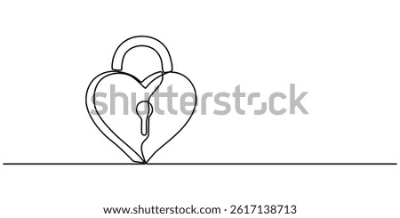 Continuous line drawing heart shaped lock. Love concept. Vector illustration, lock continuous one line drawing minimalist single line art, padlock with key hole. Padlock shaped love line art vector. 